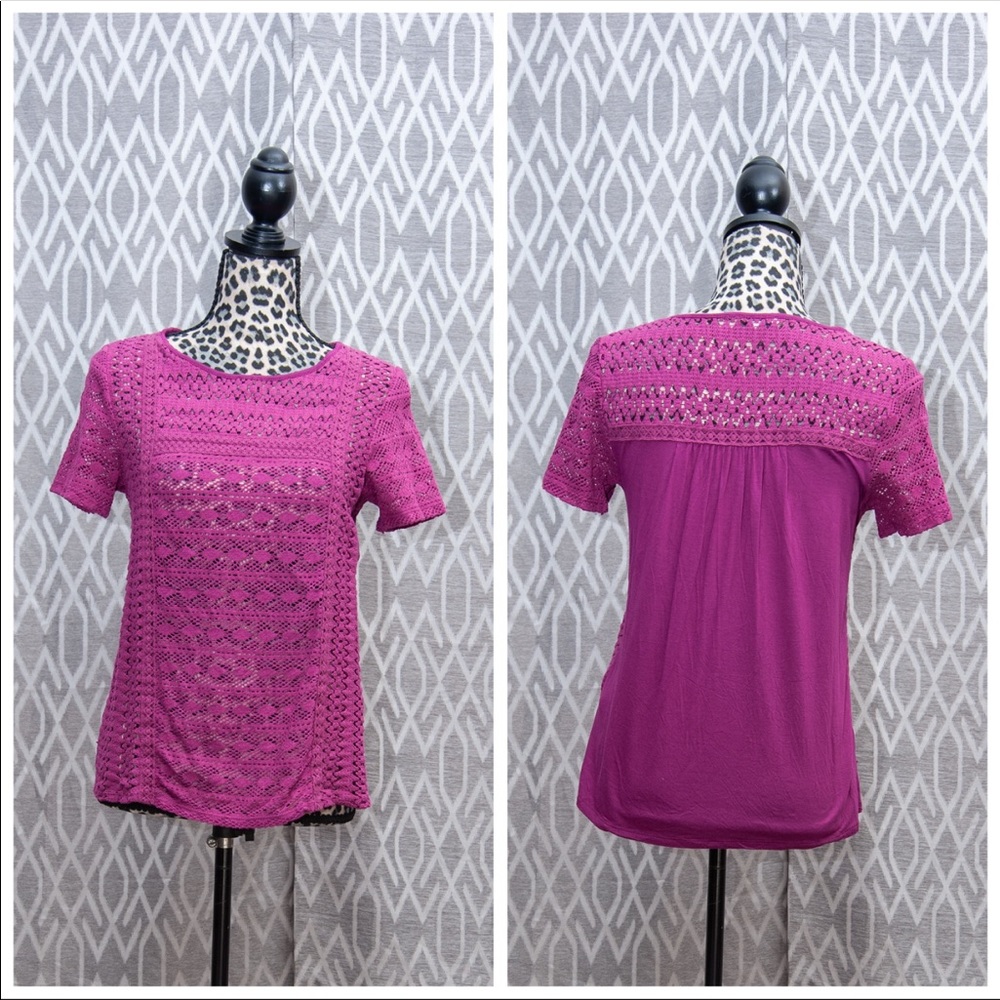 Lucky Brand Embroidered Tee Magenta See-Thru Knit Size: Small